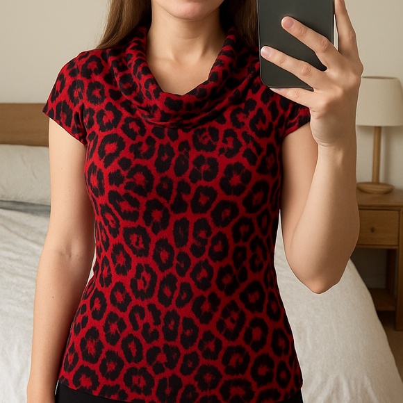 INC cheetah print cowl neck stretch sweater with cap sleeve. - Picture 6 of 6